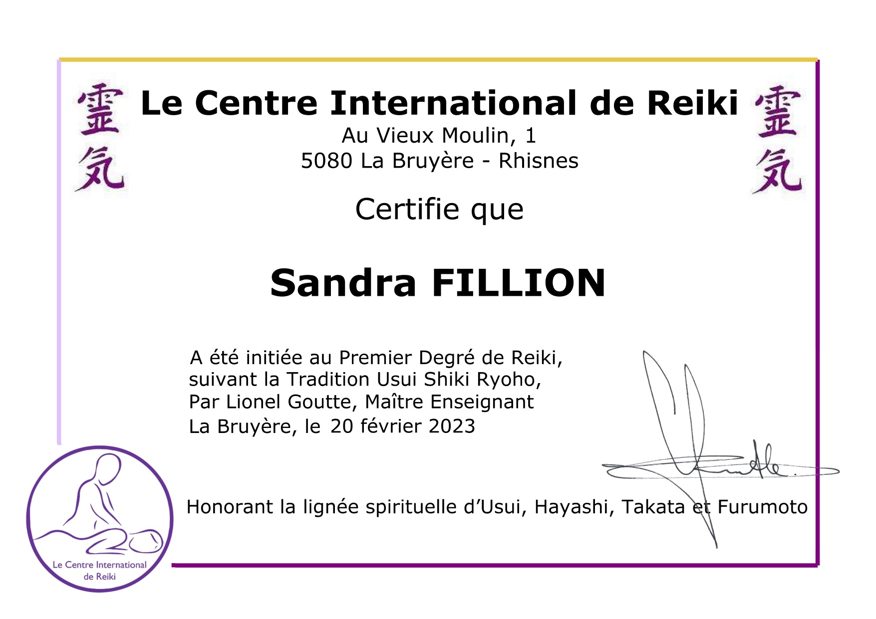 Certificat de 1er Degré de Reiki Certificat de 1er Degré de Reiki
